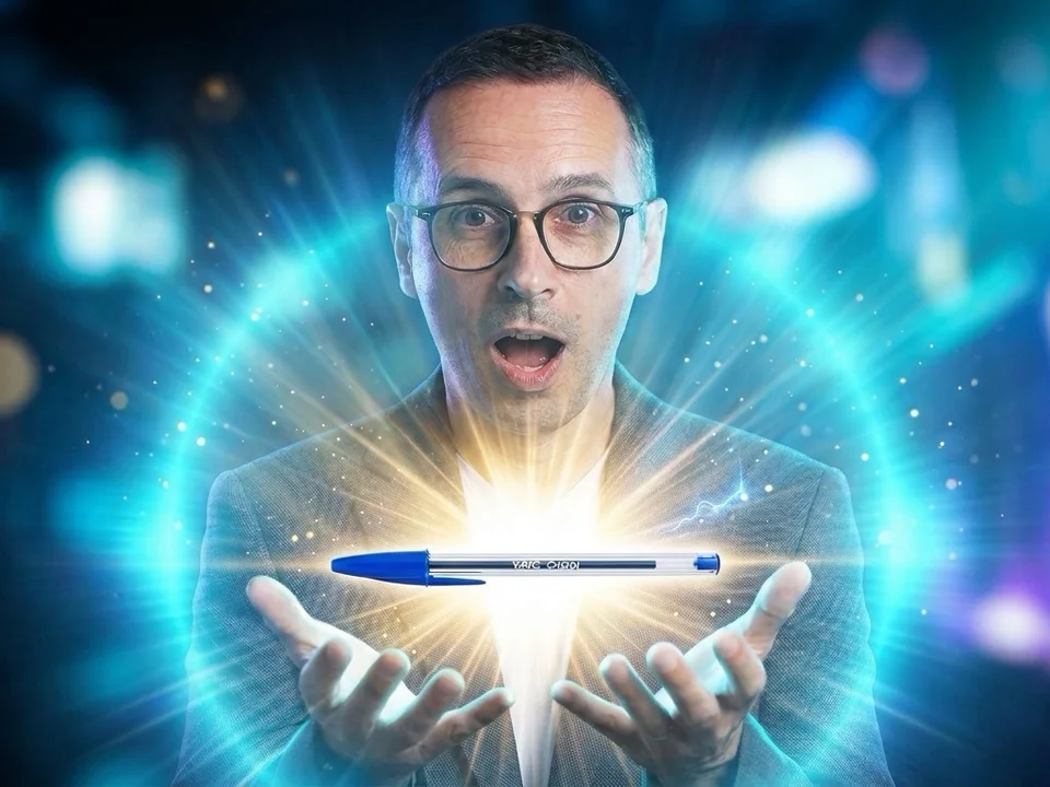Hervé Padilla présentant un stylo BIC Cristal lumineux entre ses mains