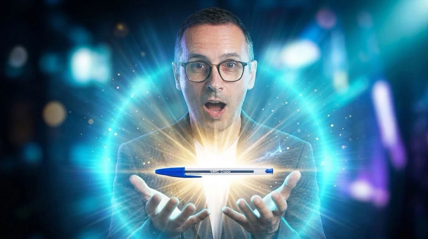 Hervé Padilla présentant un stylo BIC Cristal lumineux entre ses mains