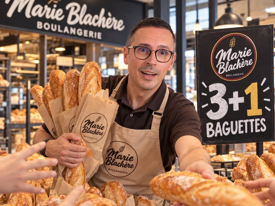 Hervé Padilla en tenue de boulanger Marie Blachère tendant une baguette, à côté d’un panneau « 3+1 baguettes »