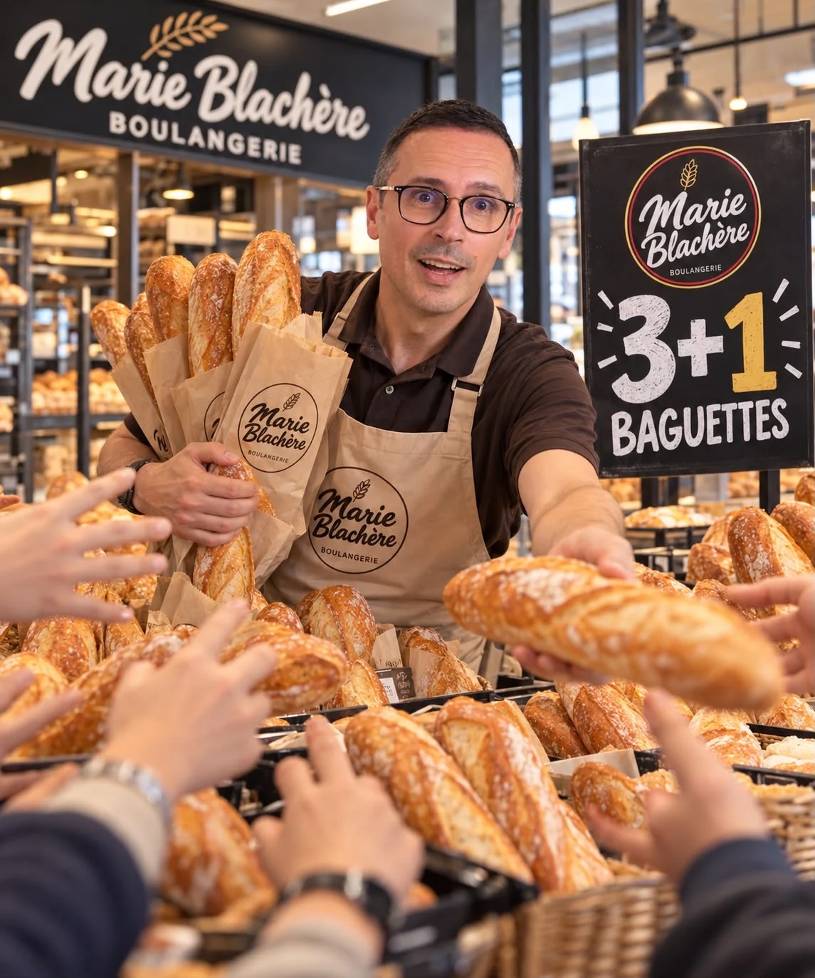 Hervé Padilla en tenue de boulanger Marie Blachère tendant une baguette, à côté d’un panneau « 3+1 baguettes »