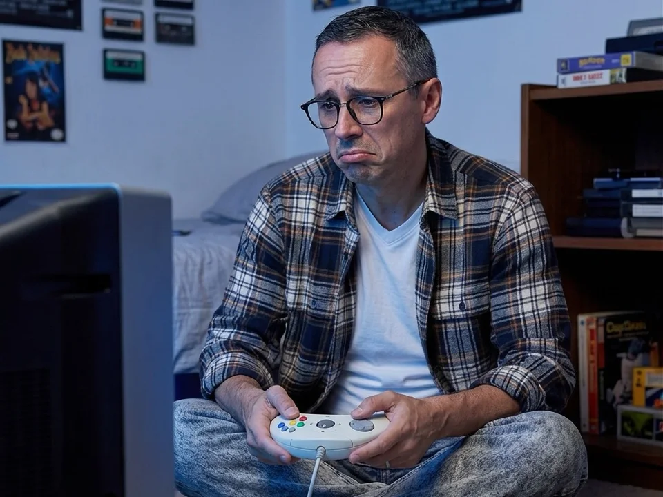 Hervé Padilla, l’air dépité, assis devant un téléviseur avec la manette et la console Pippin