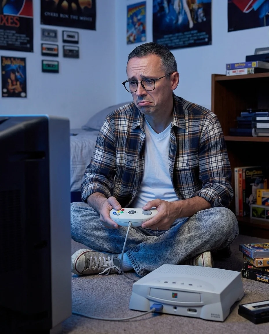 Hervé Padilla, l’air dépité, assis devant un téléviseur avec la manette et la console Pippin