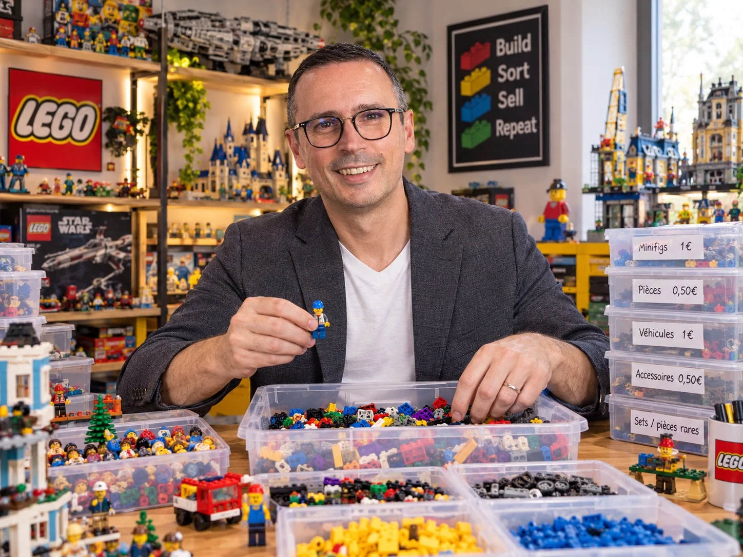 Hervé Padilla souriant, une figurine LEGO à la main, devant des bacs de pièces triées et étiquetées par prix